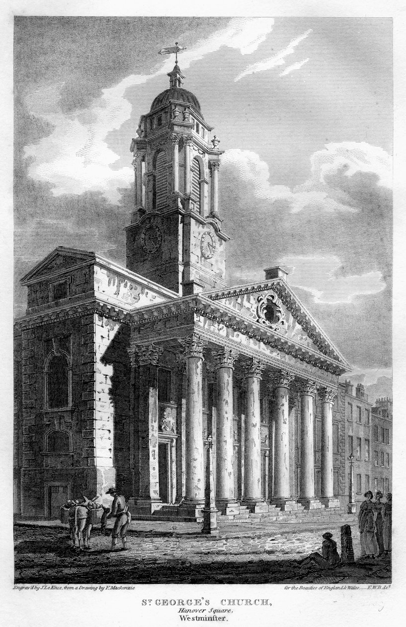 Kościół św. Jerzego, Hanover Square, Westminster, Londyn, 1810 r. autorstwa John Le Keux