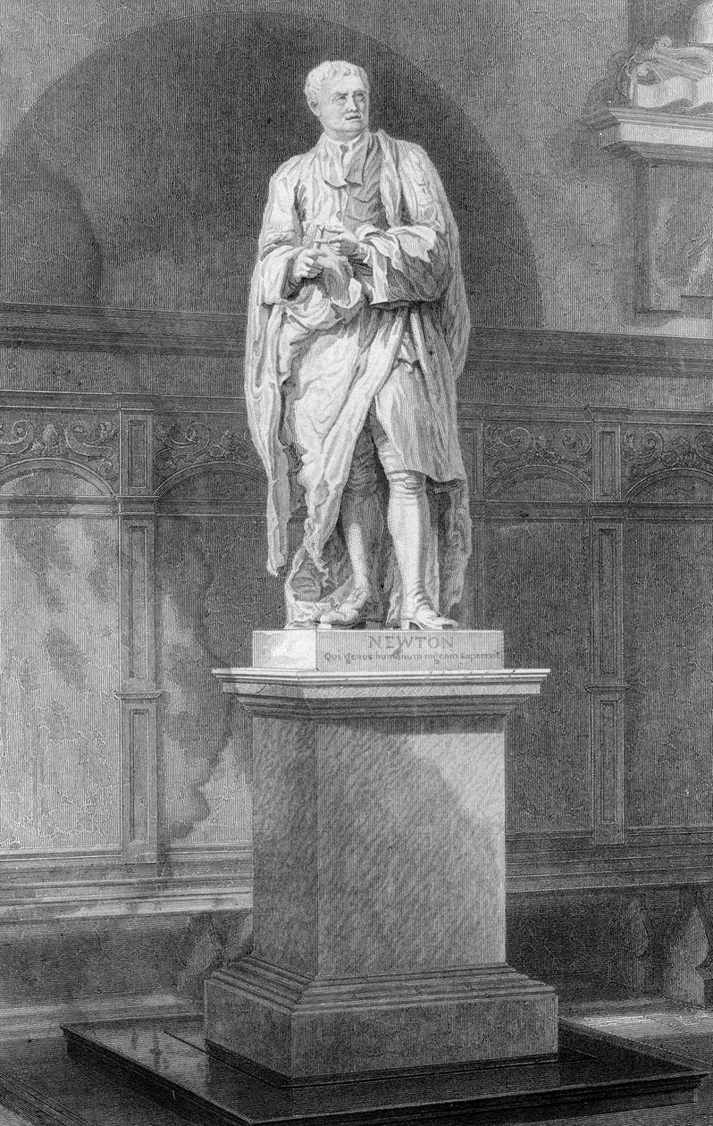 Posąg Sir Isaaca Newtona, angielskiego matematyka, astronoma i fizyka, XIX wiek. autorstwa John Le Keux