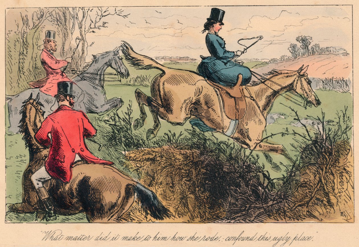 „Jakie znaczenie miało dla niego to, jak jeździła, zmieszaj to brzydkie miejsce”, 1865. Artyści: John Leech, Hablot Knight Browne. autorstwa John Leech, Hablot Knight Browne