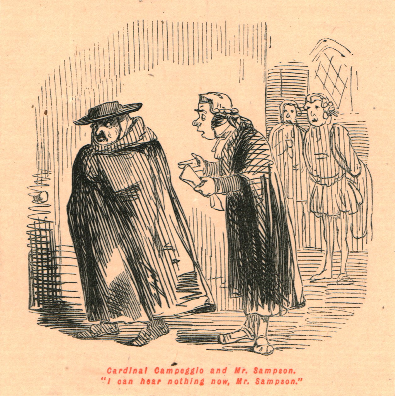 Kardynał Campeggio i pan Sampson. Nic teraz nie słyszę, panie Sampson., 1897. autorstwa John Leech