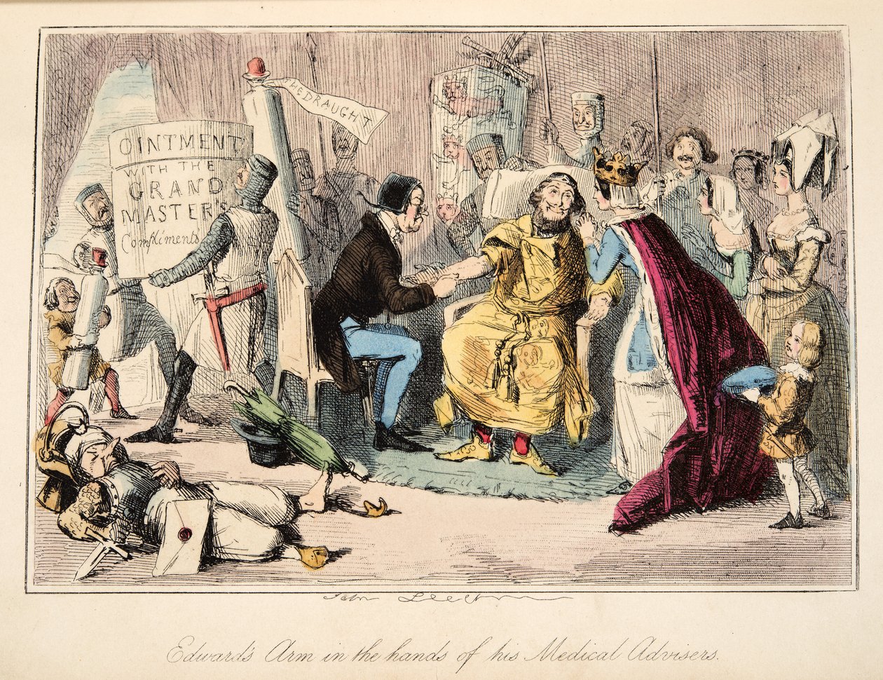 Ramię Edwarda w rękach jego doradców medycznych, z The Comic History of England, wyd. 1864 (ręcznie kolorowana akwaforta) autorstwa John Leech