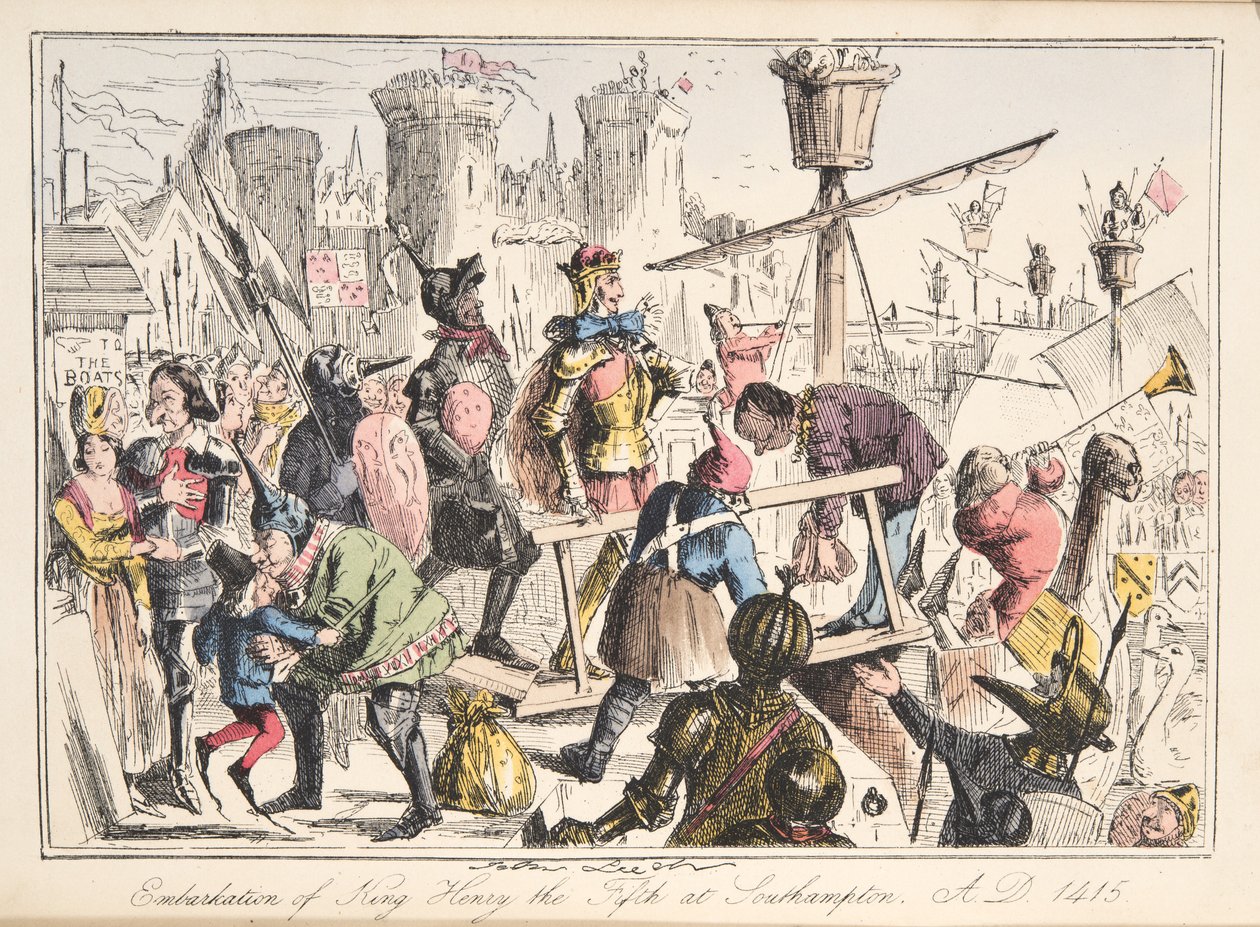 Zaokrętowanie Henryka V. w Southampton, AD 1415, z The Comic History of England, wyd. 1864 (akwaforta ręczna) autorstwa John Leech