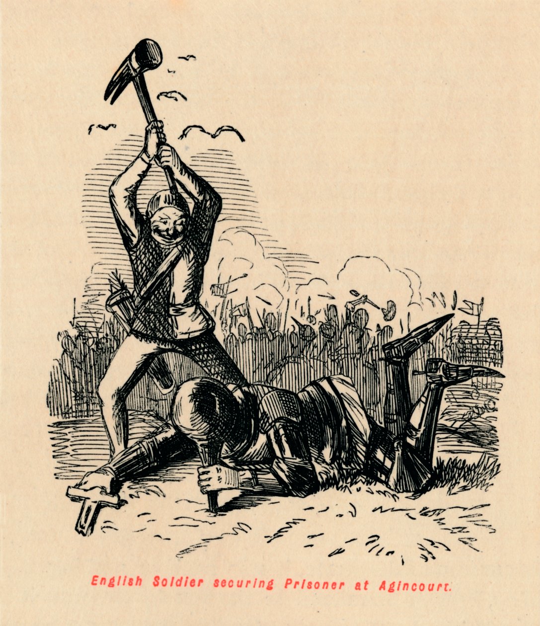 Angielski żołnierz zabezpieczający więźnia w Agincourt, c1860, c1860 autorstwa John Leech