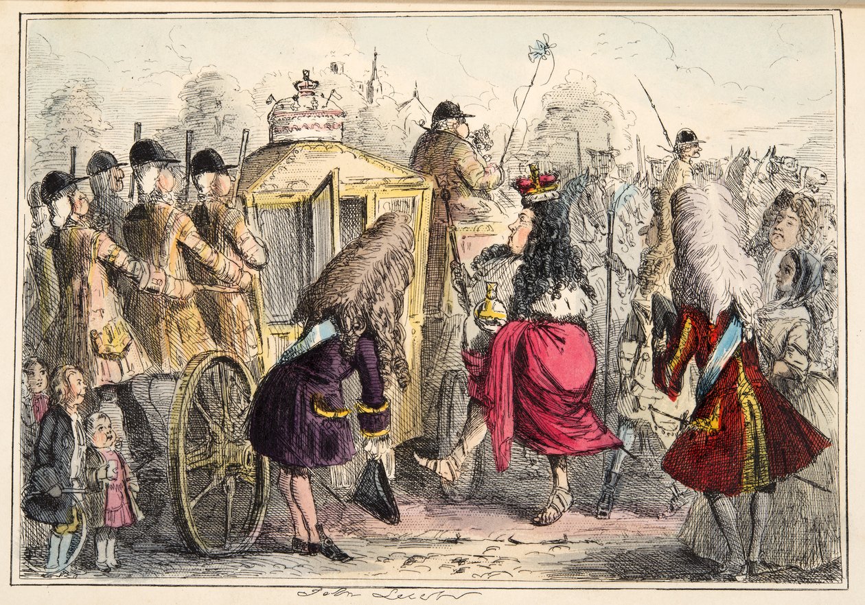 Georgey Porgey the First wybiera się na przejażdżkę swoim State Coachy Pachy, z The Comic History of England, pub. 1864 (akwaforta ręczna) autorstwa John Leech