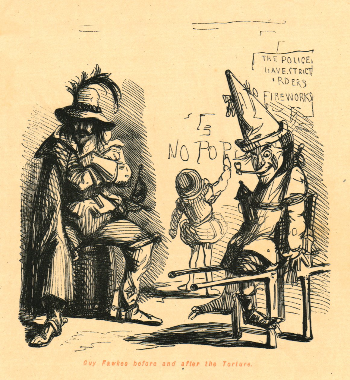Guy Fawkes przed i po torturach, 1897. autorstwa John Leech