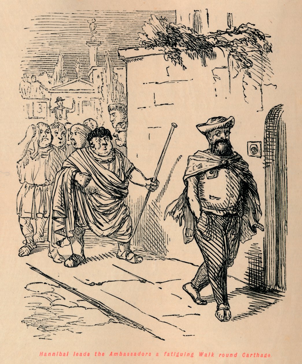 Hannibal prowadzi ambasadorów męczący spacer po Kartaginie, 1852 r. autorstwa John Leech