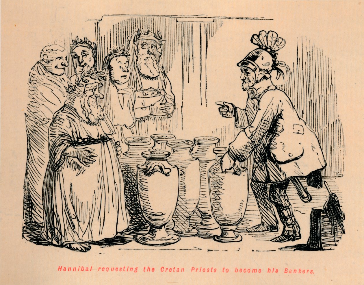 Hannibal prosi kreteńskich kapłanów, aby zostali jego bankierami, 1852 autorstwa John Leech