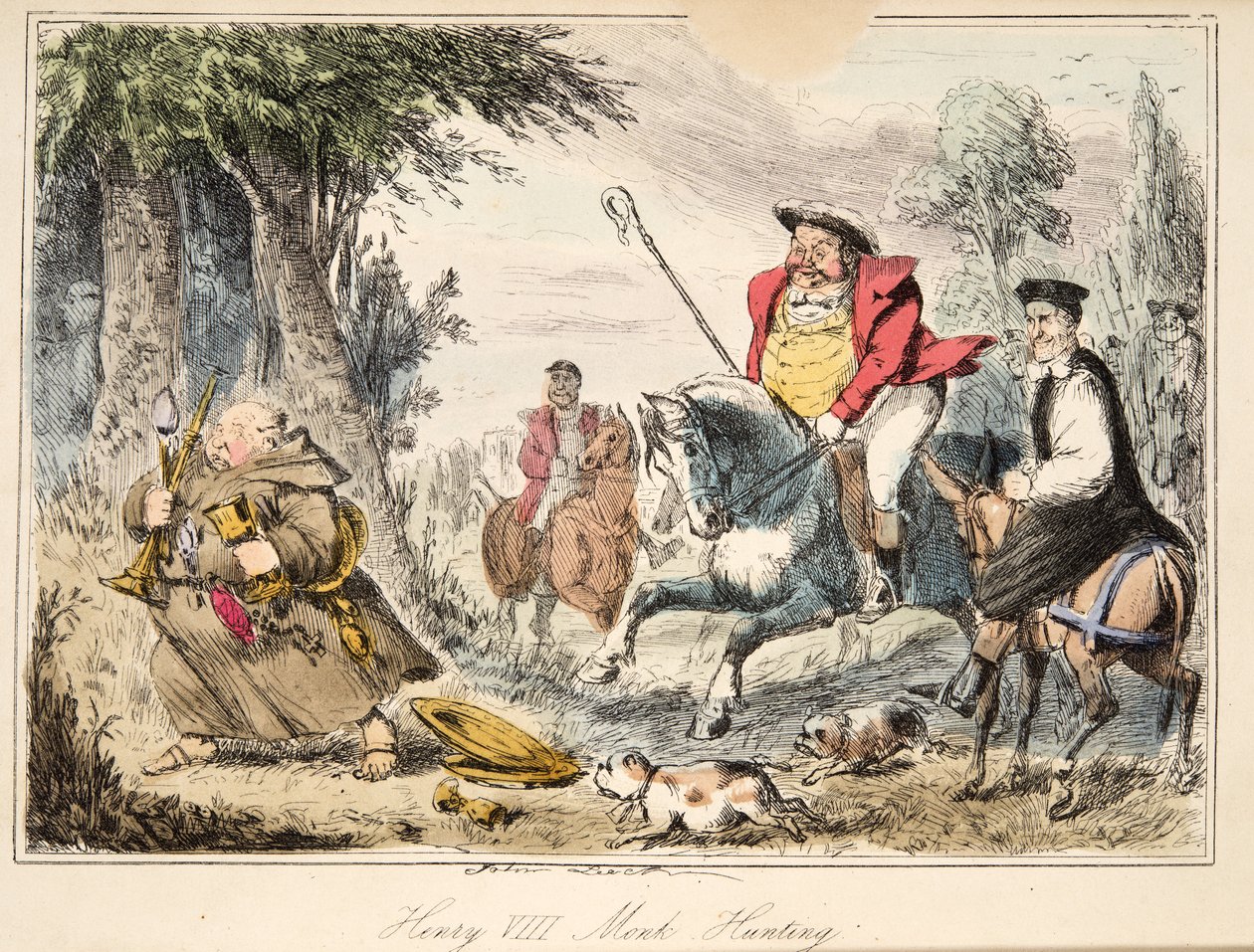 Henry VIII Monk-Hunting, z The Comic History of England, wyd. 1864 (akwaforta ręczna) autorstwa John Leech