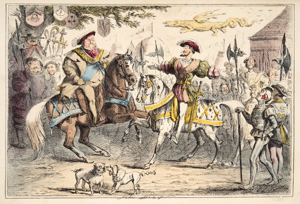 Spotkanie Henryka VIII z Franciszkiem I, z The Comic History of England, wyd. 1864 (akwaforta ręczna) autorstwa John Leech