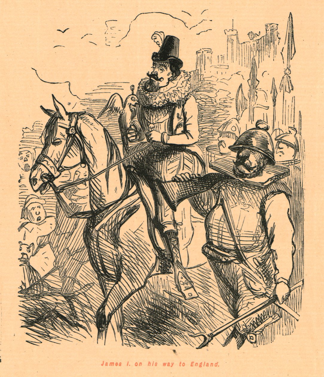 Jakub I w drodze do Anglii, 1897. autorstwa John Leech