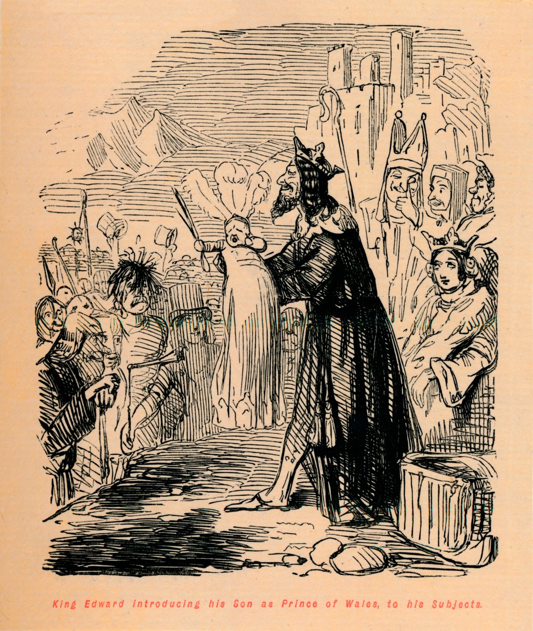 Król Edward przedstawiający swego Syna jako Księcia Walii swoim poddanym, ok. 1860, ok. 1860 autorstwa John Leech