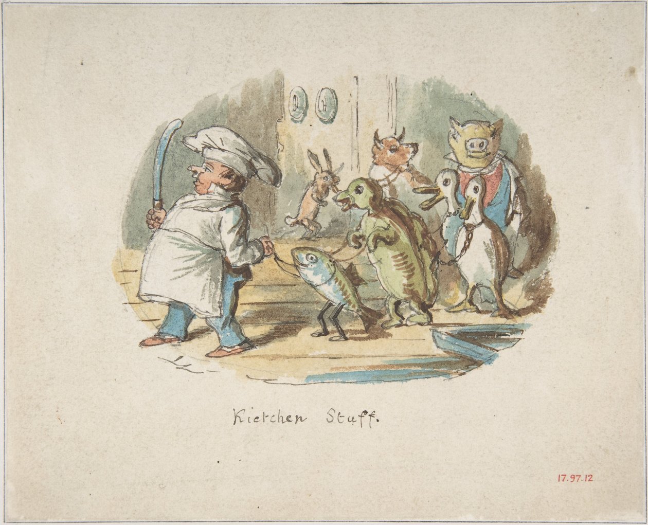 Personel kuchenny (strona przednia); Górski krajobraz z turystą (strona tylna) autorstwa John Leech