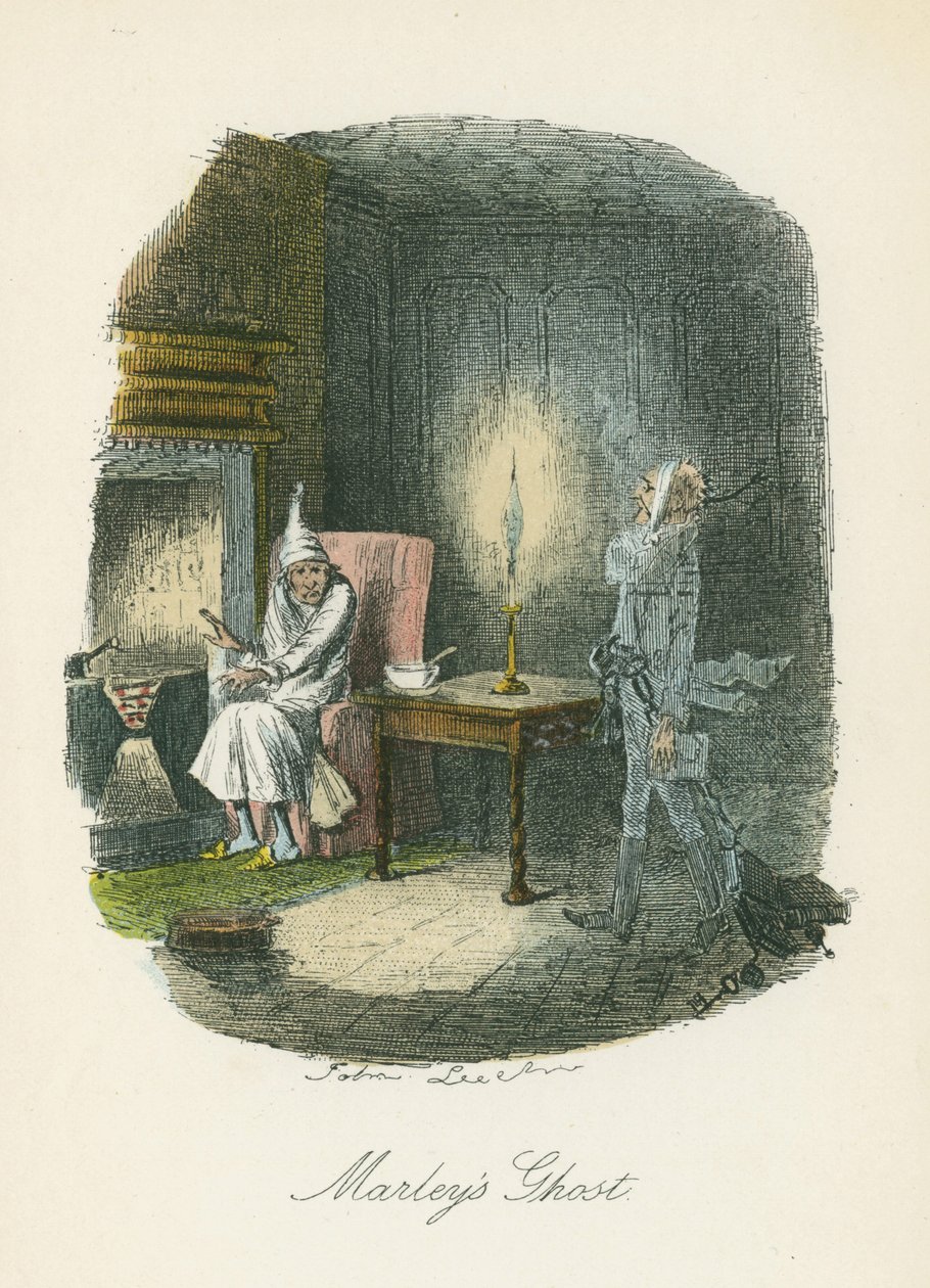 Duch Marleya ukazujący się Scrooge’owi. Ilustracja Johna Leecha (1817-64) dla Charlesa Dickensa Opowieść wigilijna, Londyn 1843-1844. autorstwa John Leech