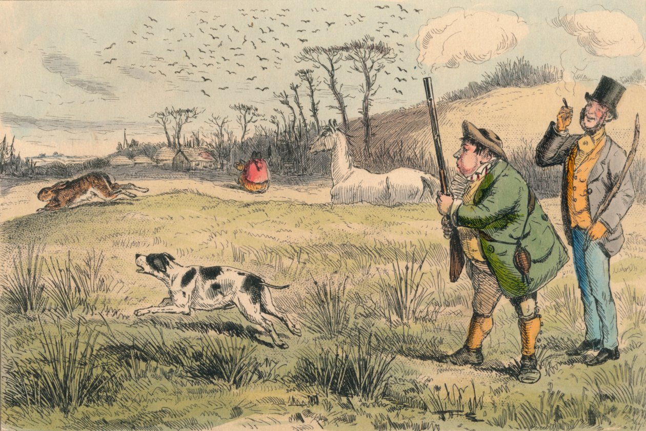 Pan Jogglebury Crowdey z psem i pistoletem, lata 60. XIX wieku. autorstwa John Leech