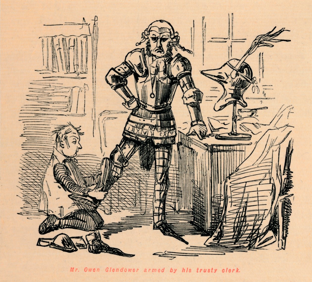 Pan Owen Glendower uzbrojony przez swojego zaufanego urzędnika, c1860, c1860 autorstwa John Leech