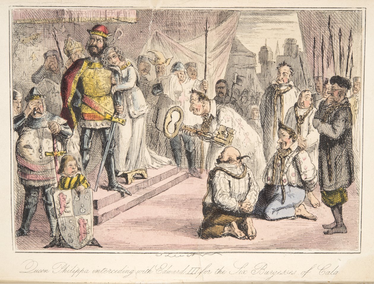 Królowa Filipa wstawia się u Edwarda III w sprawie sześciu mieszczan z Calais, z The Comic History of England, wyd. 1864 (akwaforta ręczna) autorstwa John Leech