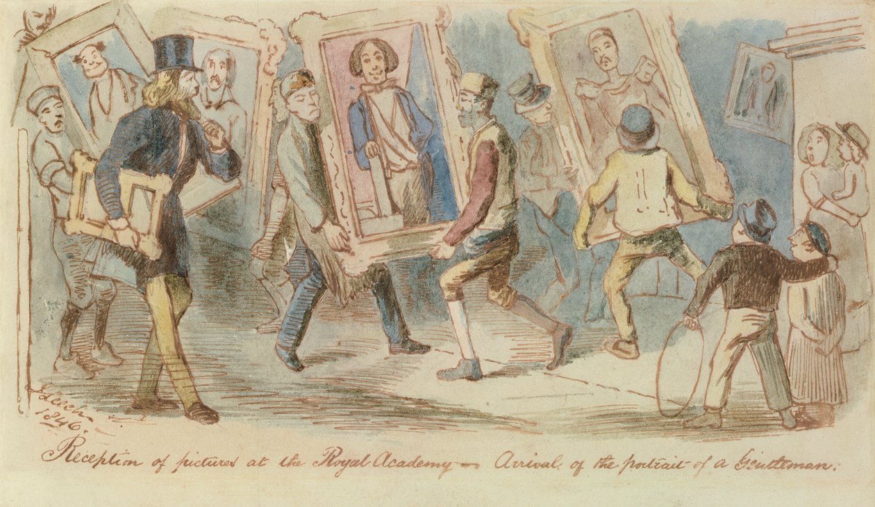 Odbiór obrazów w Akademii Królewskiej - Przybycie Portretu Dżentelmena, 1846 (pióro i atrament i wc) autorstwa John Leech