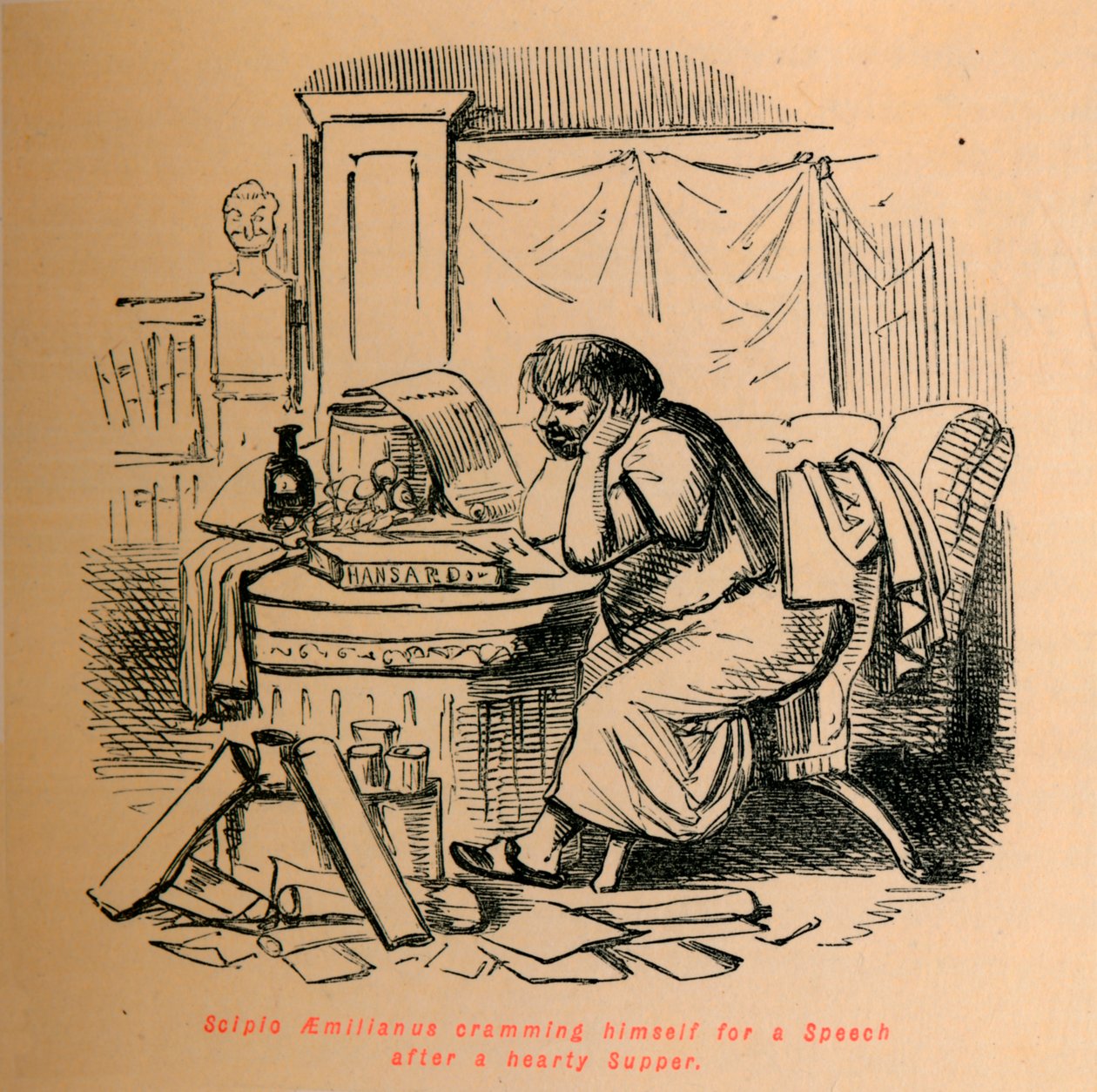 Scypion Aemilianus wkuwa się do przemówienia po obfitej wieczerzy, 1852 r. autorstwa John Leech