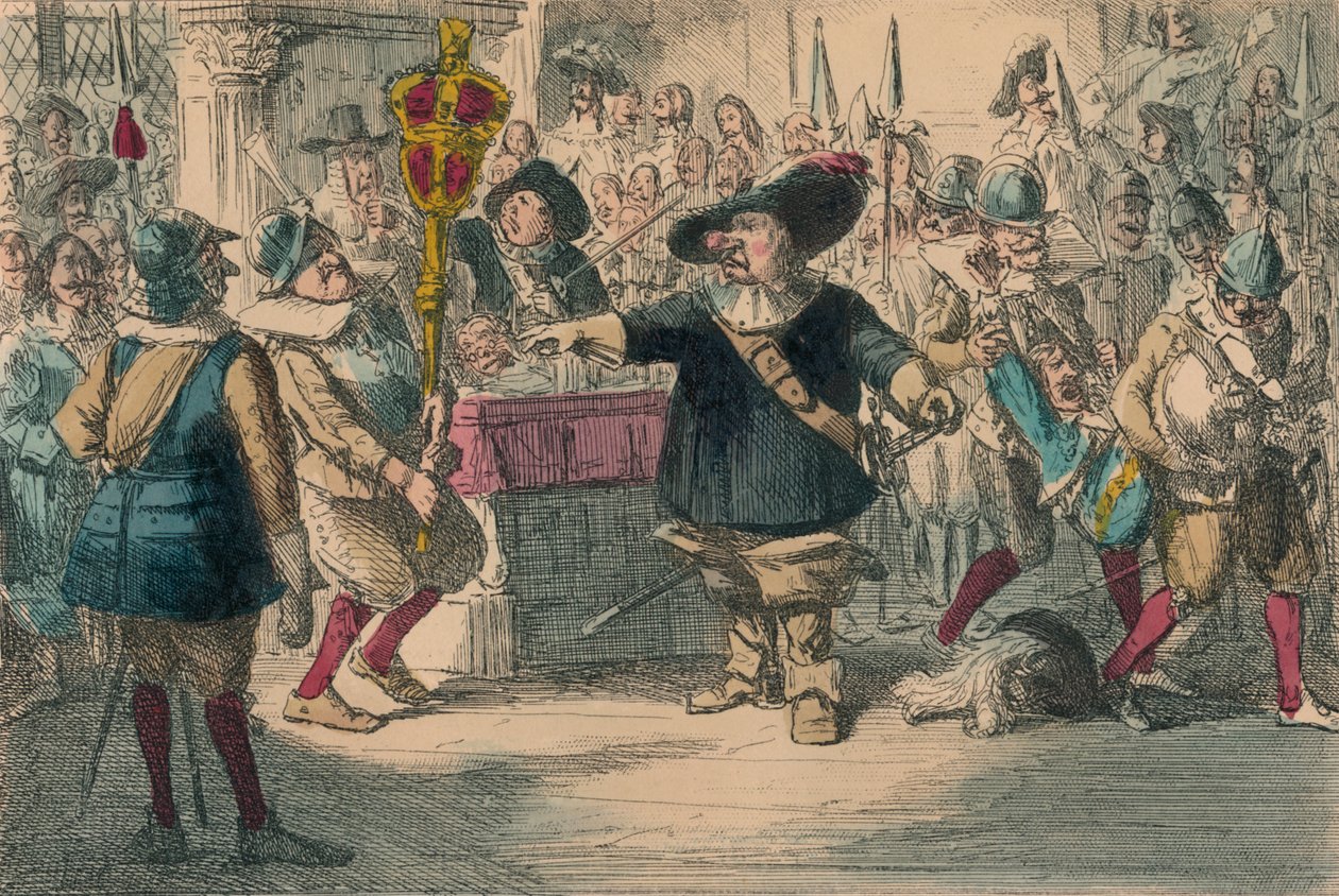 Zabierz tę bombkę: Cromwell rozwiązuje długi Parlament, 1850 autorstwa John Leech