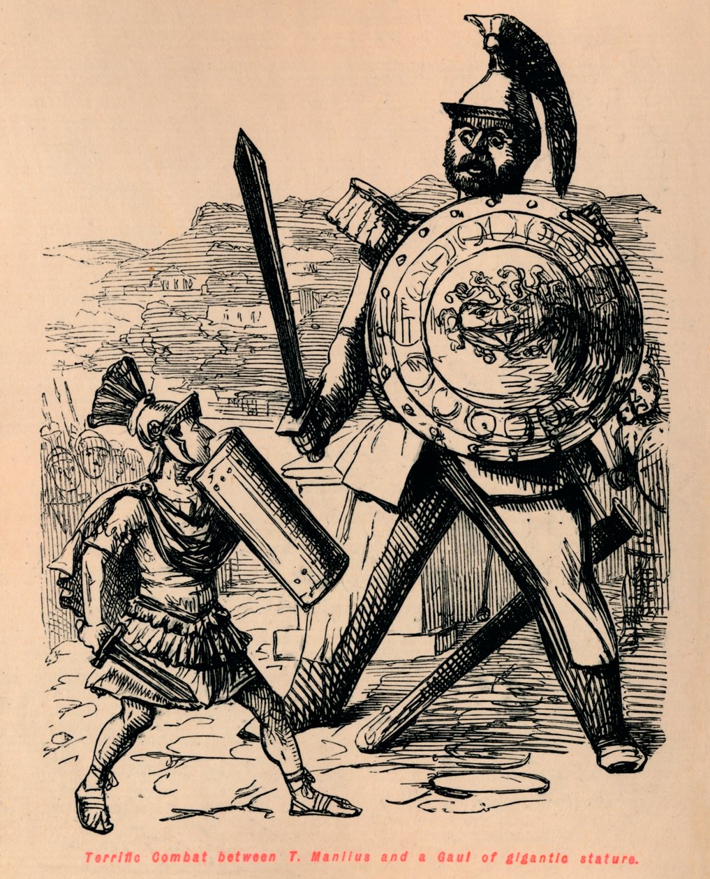 Wspaniała walka między T Manliusem a gigantycznym Galem, 1852 autorstwa John Leech