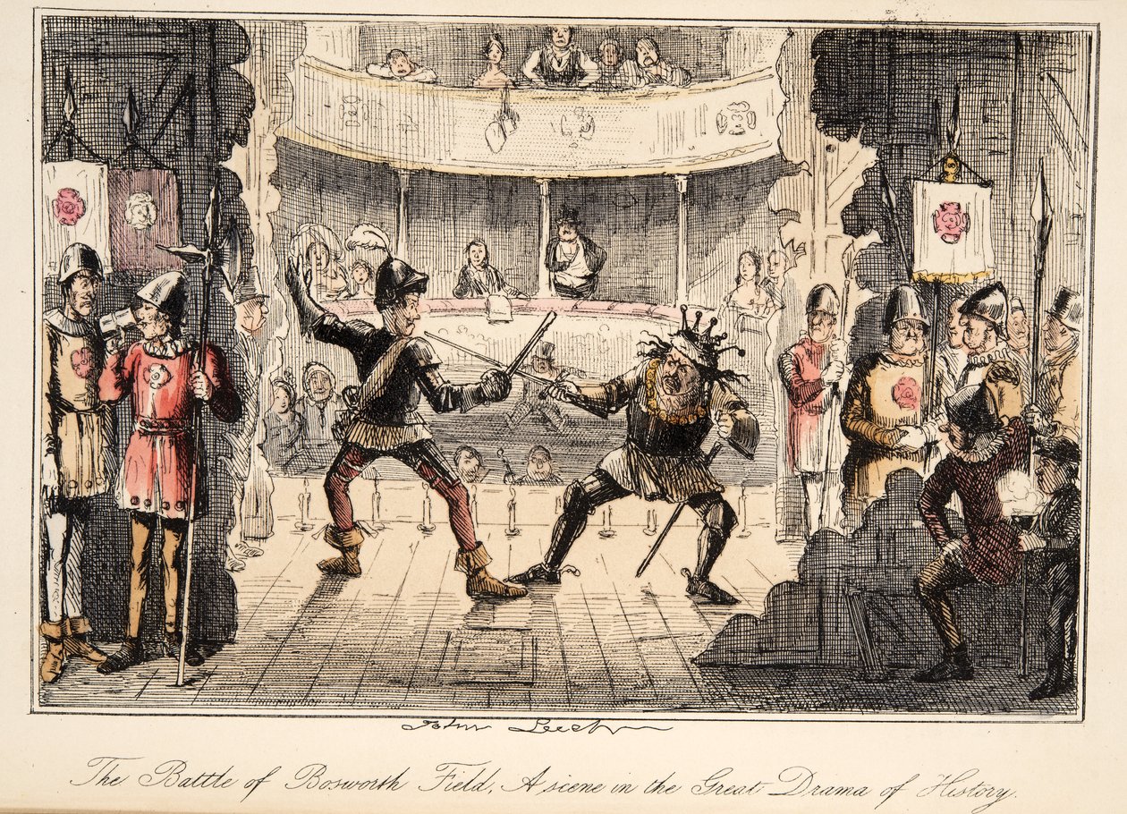 Bitwa pod Bosworth Field: scena z wielkiego dramatu historii, z The Comic History of England, wyd. 1864 (akwaforta ręczna) autorstwa John Leech