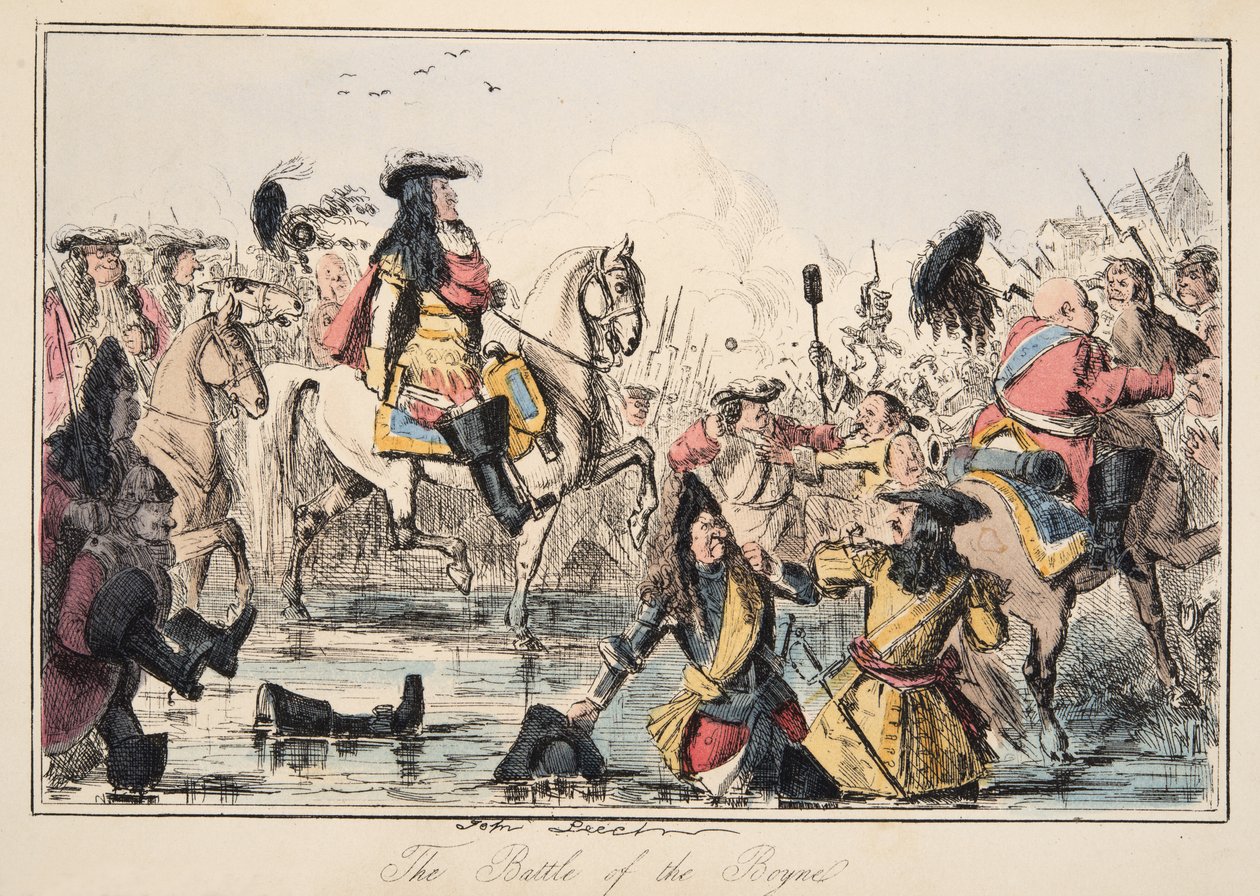 Bitwa pod Boyne, z The Comic History of England, wyd. 1864 (akwaforta ręczna) autorstwa John Leech