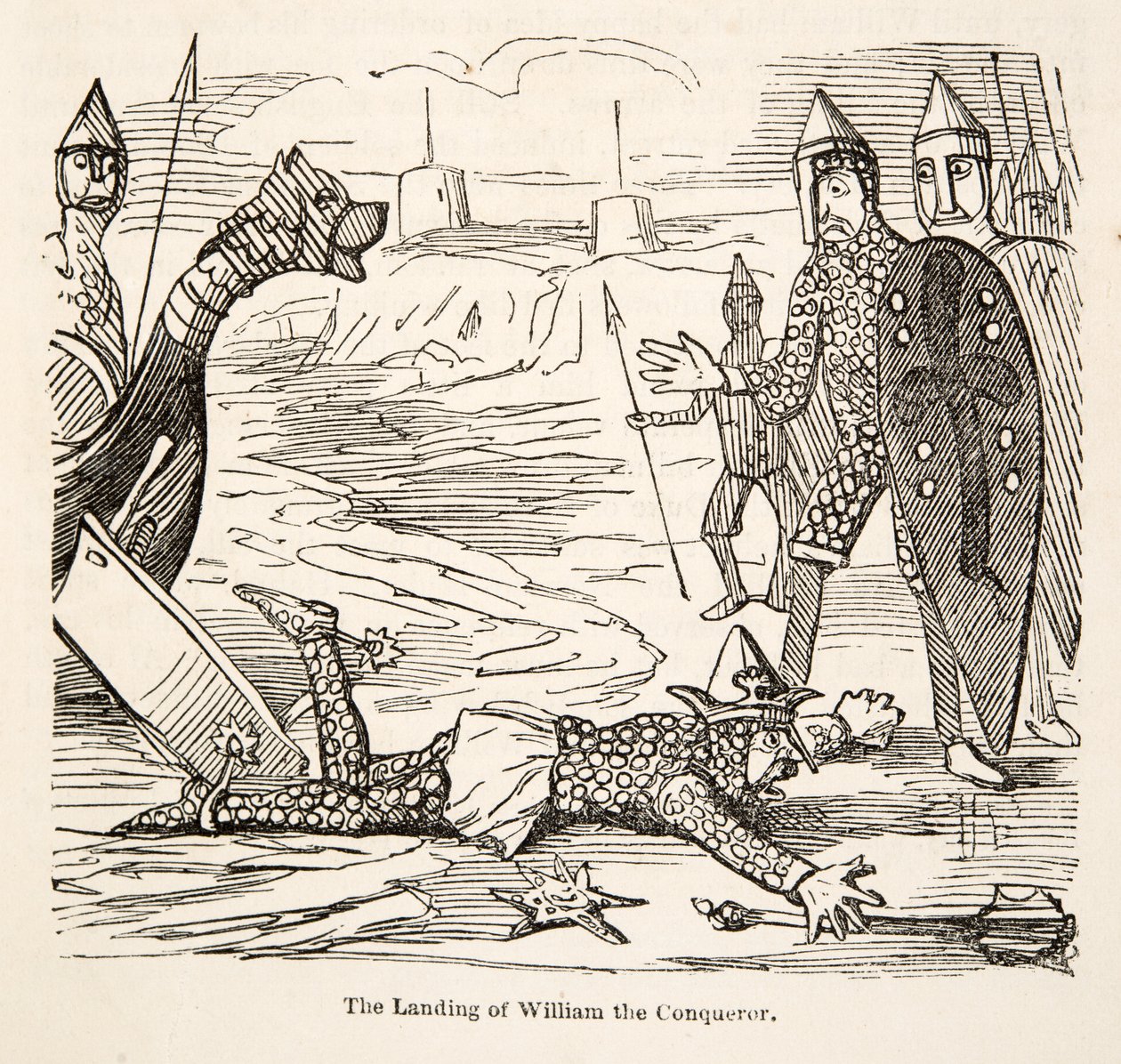 The Landing of William the Conqueror, z The Comic History of England, wyd. 1864 (drzeworyt) autorstwa John Leech