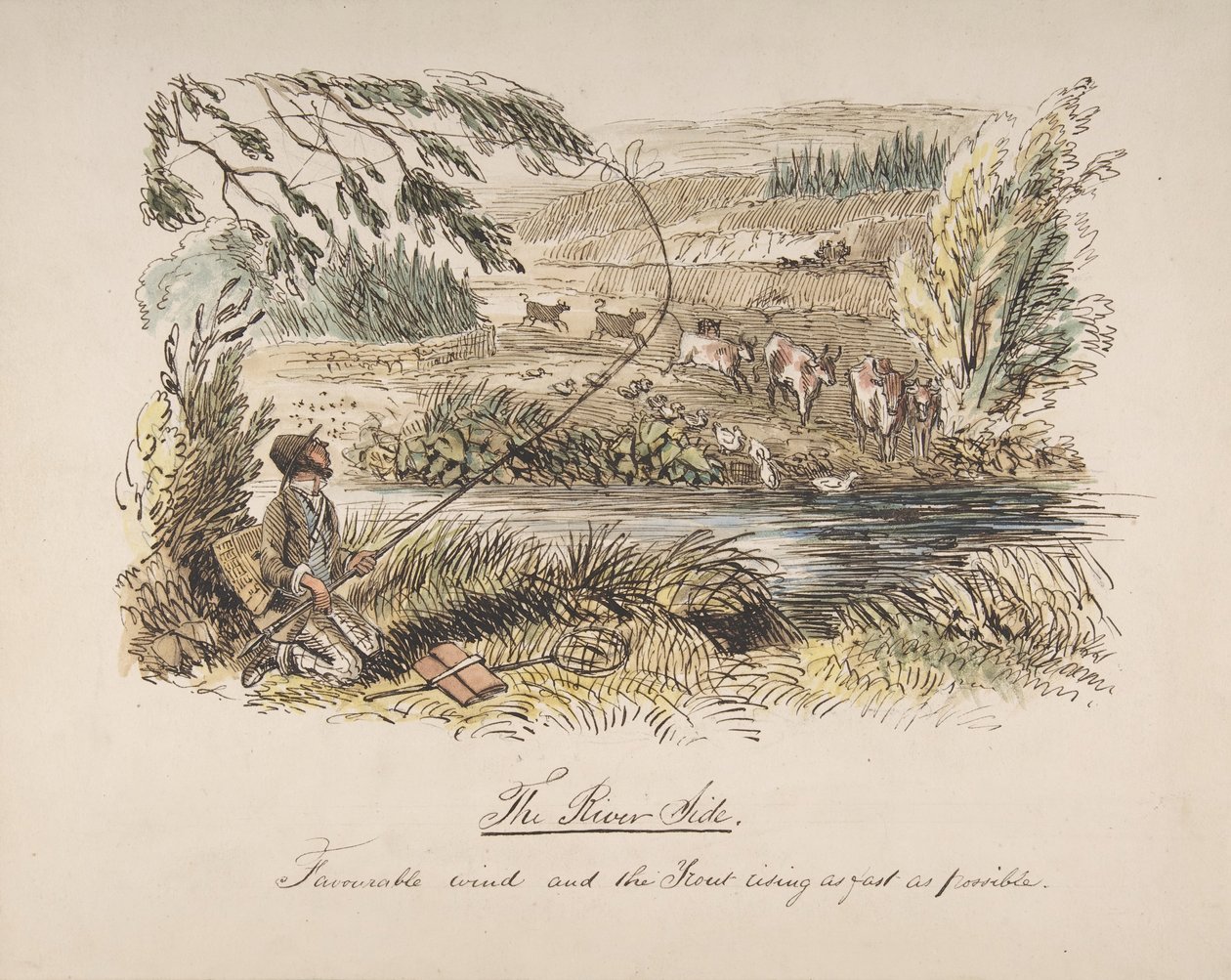 Brzeg rzeki, sprzyjający wiatr i pstrąg wznoszący się najszybciej jak to możliwe, 1830-64. autorstwa John Leech