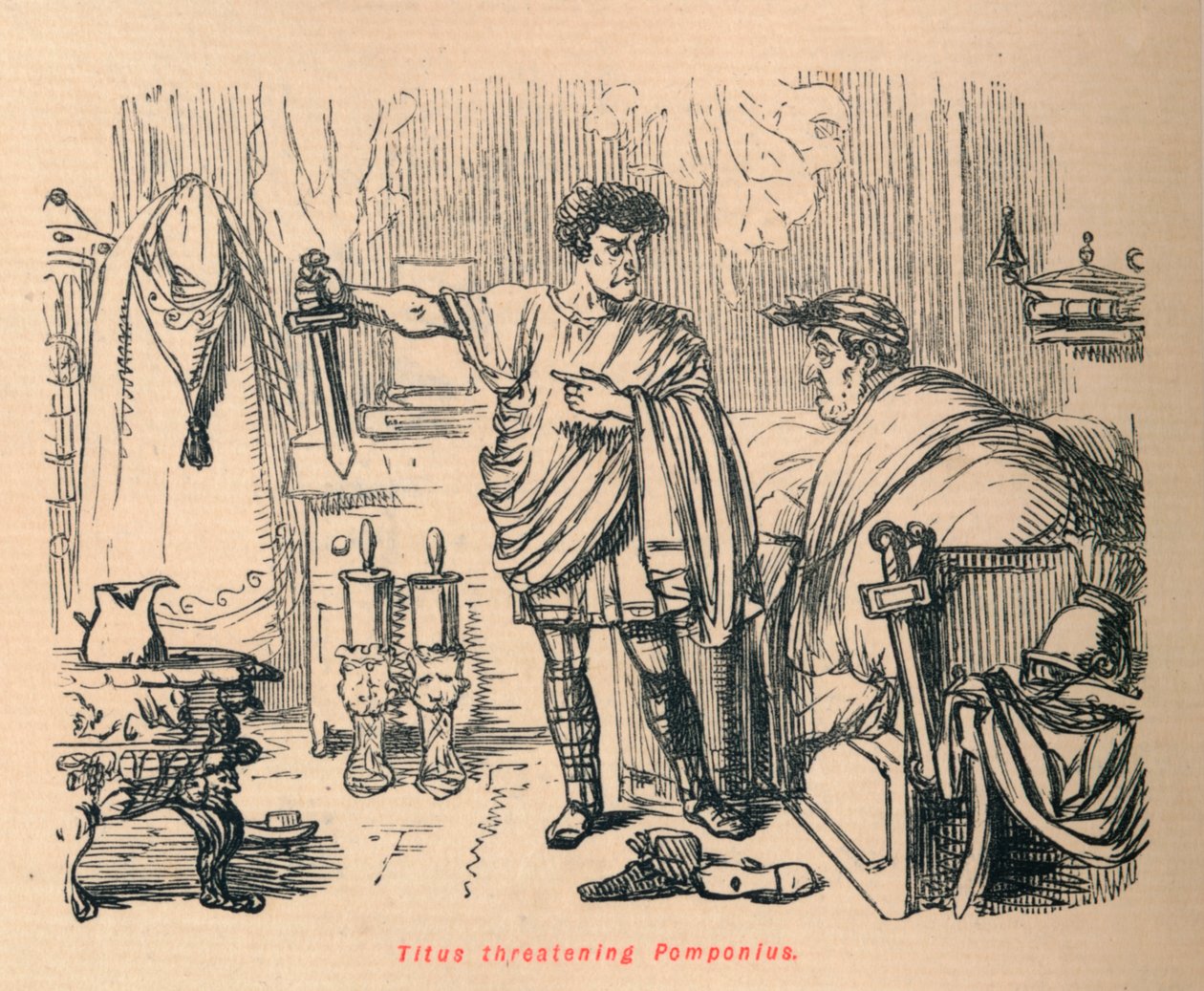 grożący Tytusowi Pomponiuszowi, 1852 r. autorstwa John Leech