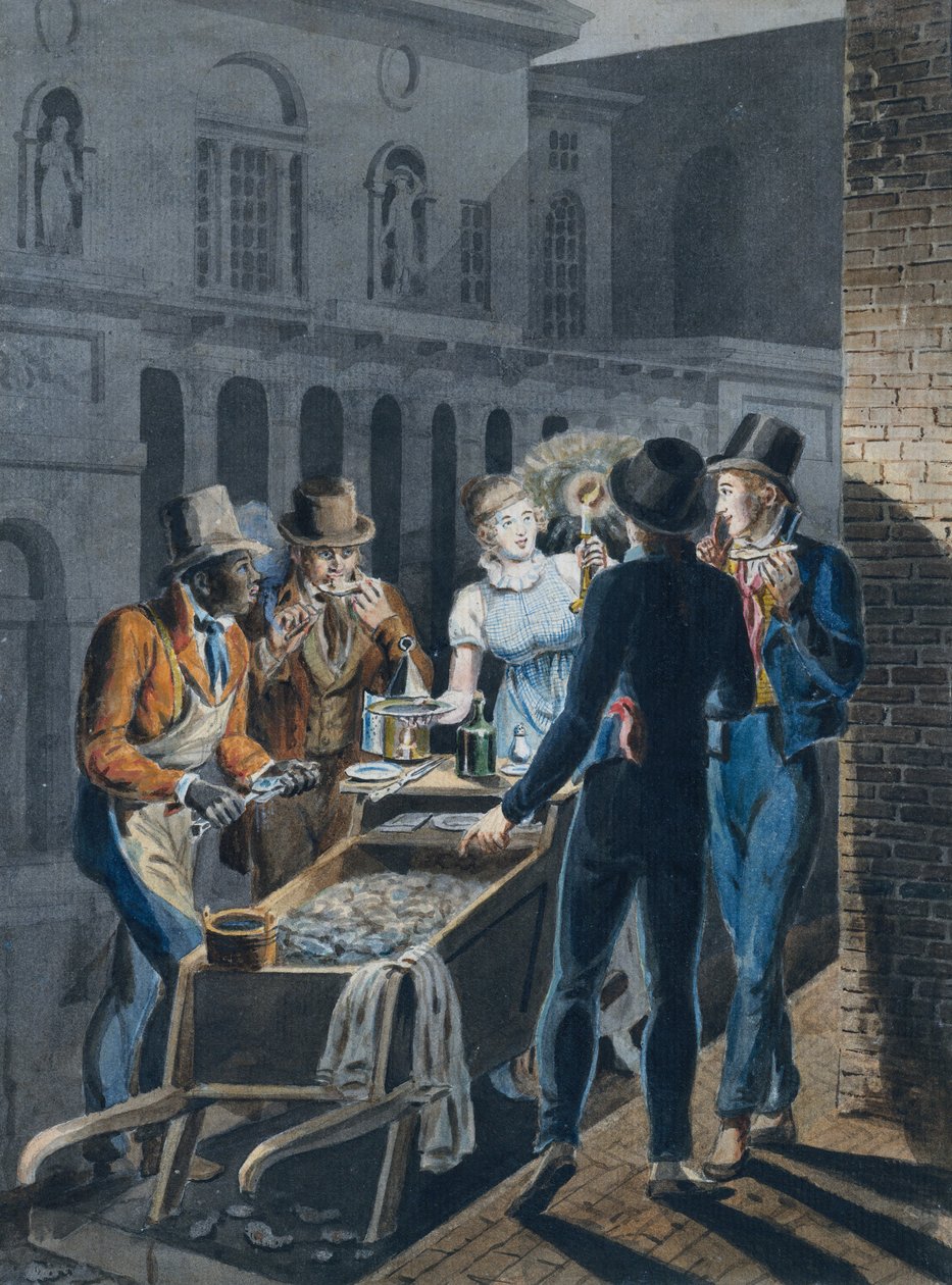 Życie nocne w Filadelfii — kurhan ostryg przed teatrem Chestnut Street, 1811-ca. 1813. autorstwa John Lewis Krimmel