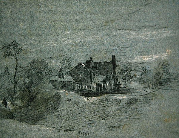 Chata w leśnym krajobrazie (biało-czarna kreda, niebieski papier) autorstwa John Linnell