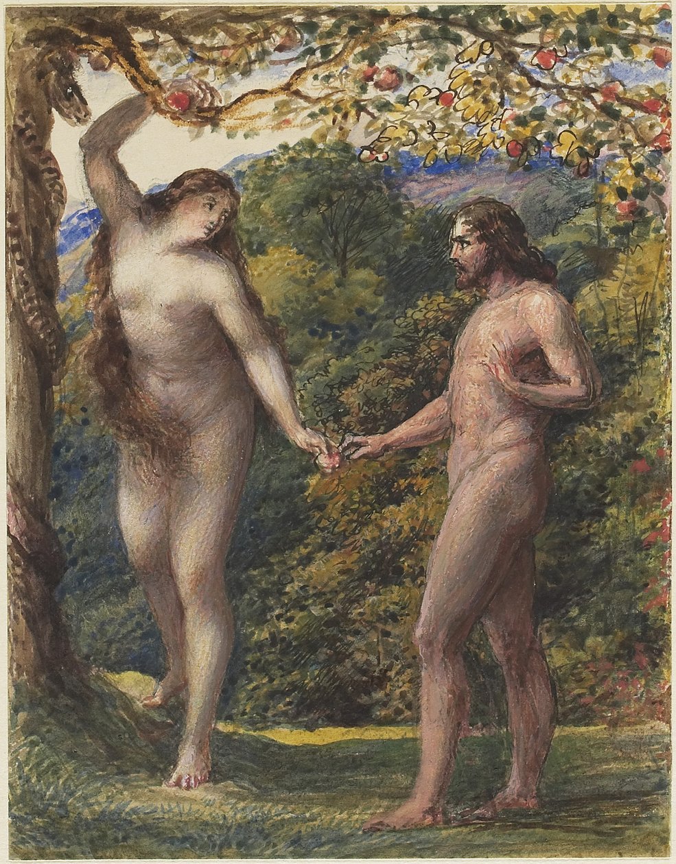 Ewa ofiarująca Adamowi zakazany owoc, 1830-35 (długopis i brązowy atrament z toaletą wzmocnioną kolorem ciała nad grafitem na papierze tkanym) autorstwa John Linnell
