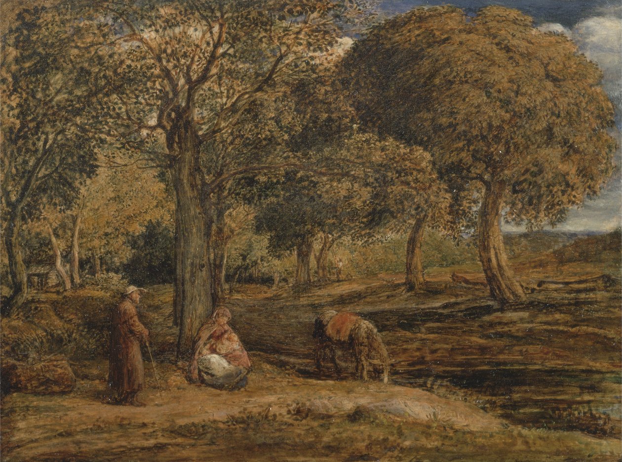 Krajobraz z grupą rodzinną, prawdopodobnie Odpoczynek w ucieczce do Egiptu, ok. 1827 (olej na panelu) autorstwa John Linnell