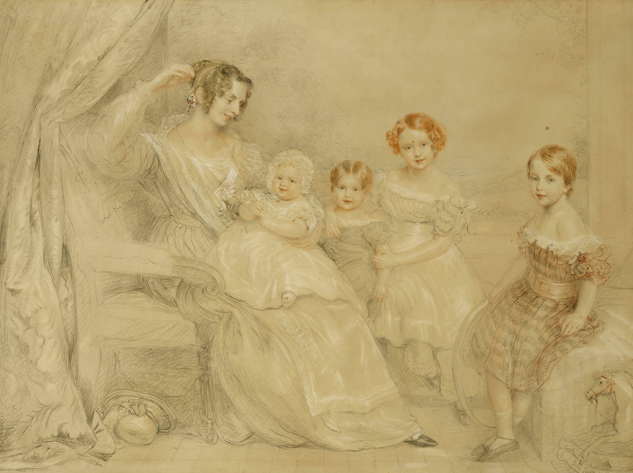 Portret pani W.S. Fry i jej czworo dzieci: Emma, Willy, Julie i Georgina, siedząc we wnętrzu, 1840 autorstwa John Linnell
