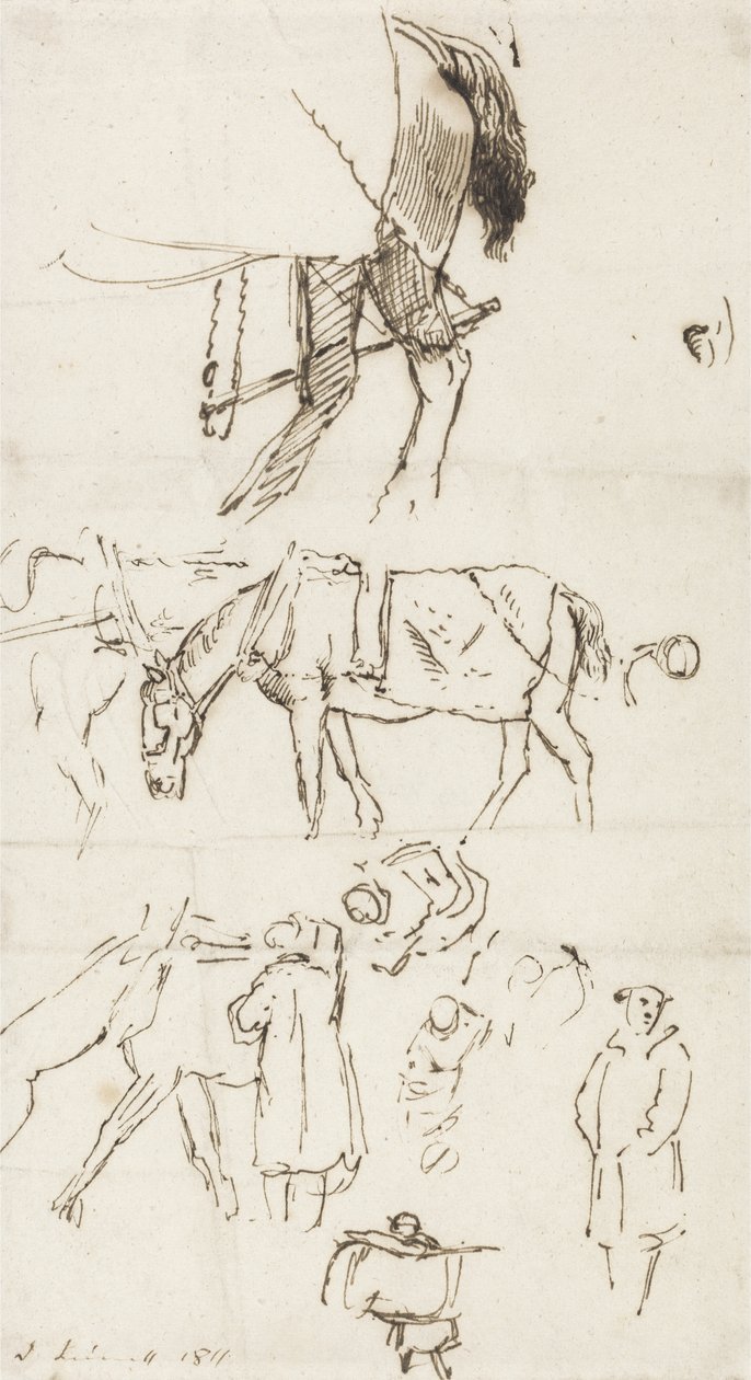 Studia nad końmi, ludźmi i powozami, 1811 (pióro i brązowy atrament na papierze) autorstwa John Linnell
