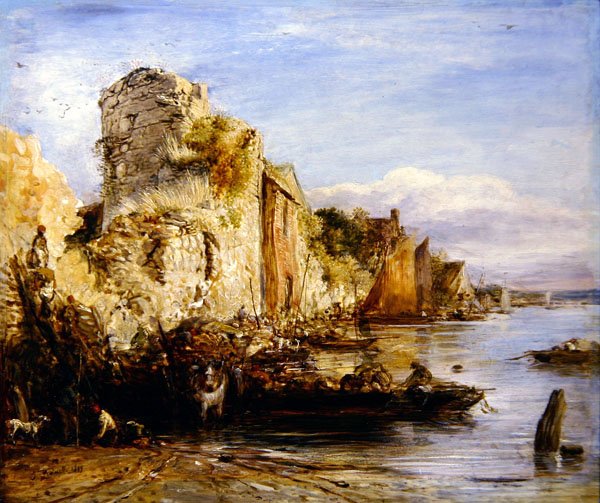 Rozładunek łodzi, zamek w Southampton autorstwa John Linnell