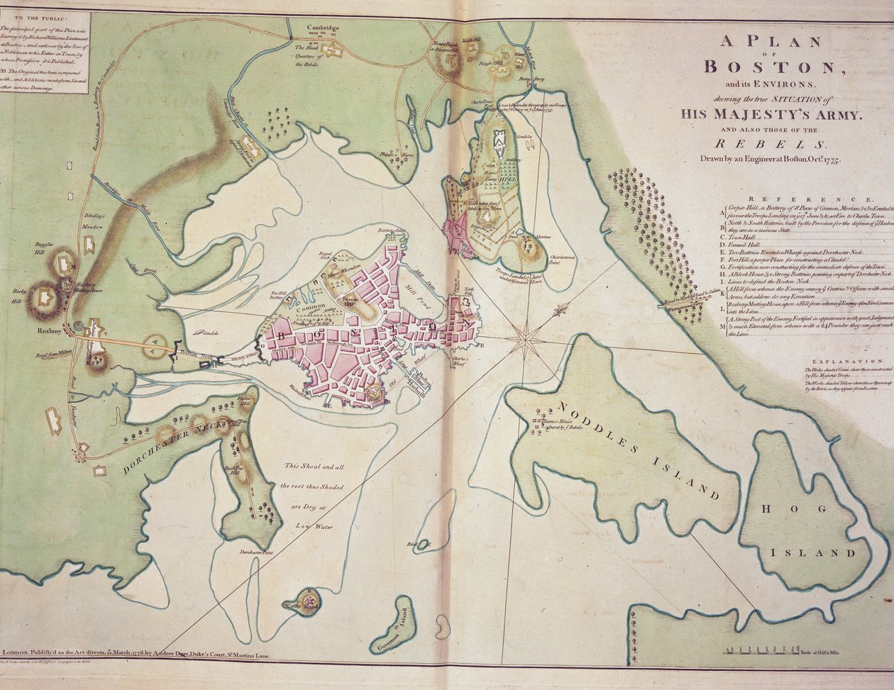 Plan Bostonu i okolic pokazujący położenie sił brytyjskich i rebelianckich sił amerykańskich, sporządzony w październiku 1775 r., wydrukowany w „The North American Atlas” autorstwa John Lodge