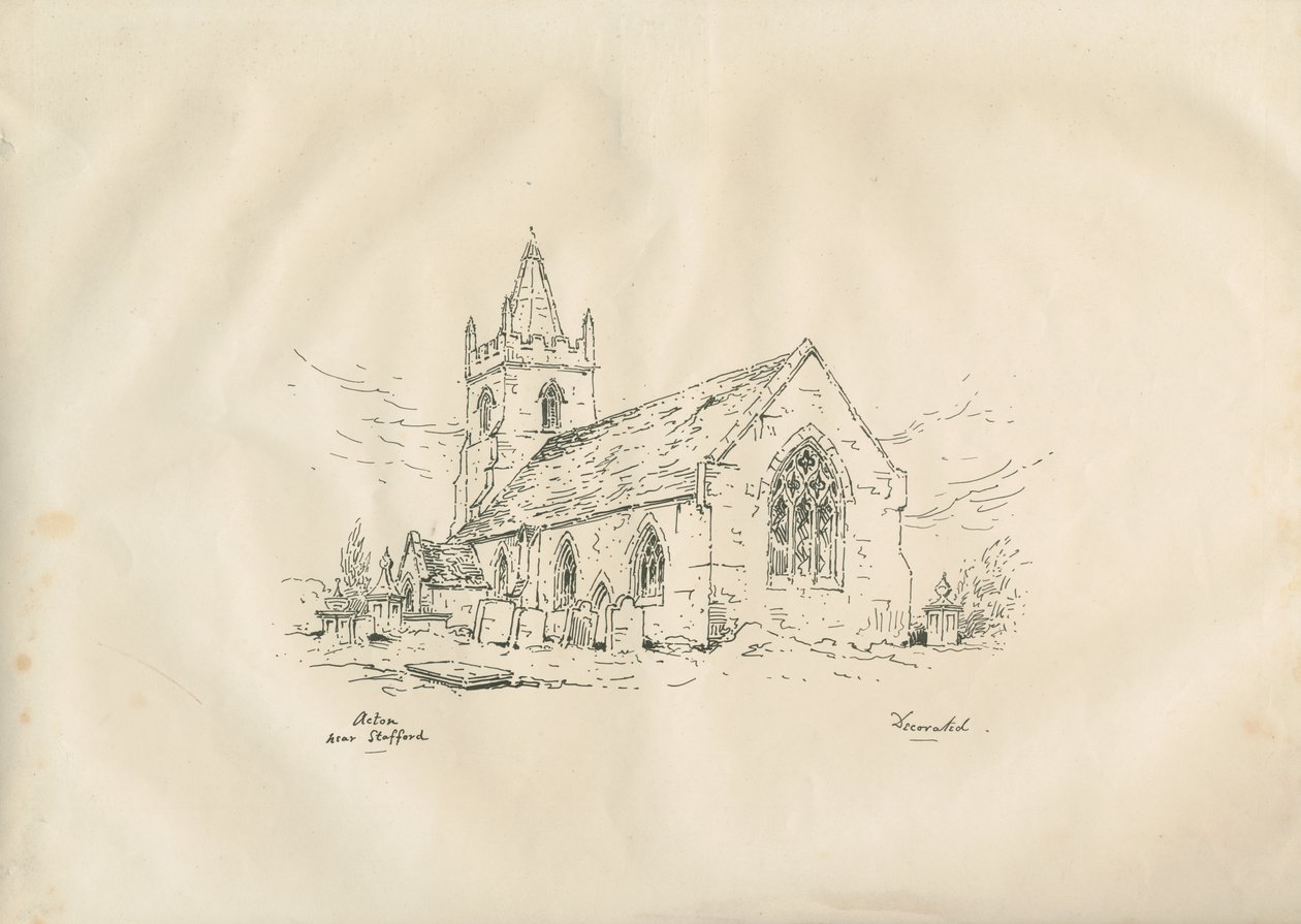 Kościół Acton Trussell: litografia piórem i atramentem, nd [?XIX wiek] autorstwa John Louis Petit