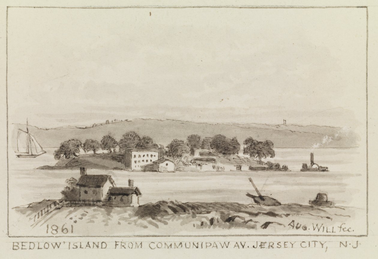 Bedloe Island od Communipaw Ave., Jersey City, NJ, 1861 autorstwa John M. August Will