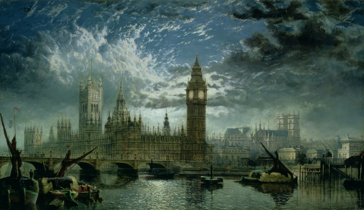 Widok na opactwo westminsterskie i budynki parlamentu, 1870 r autorstwa John MacVicar Anderson