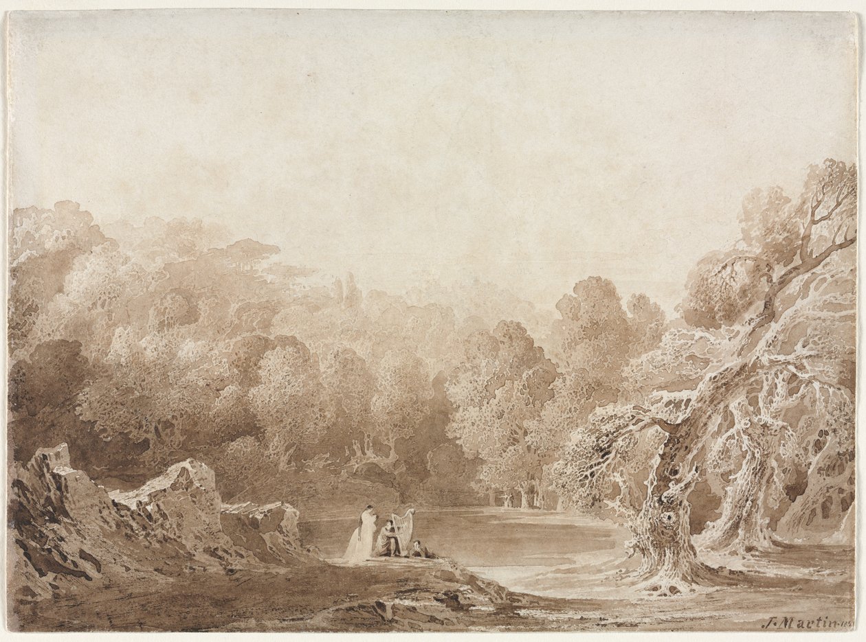 Mężczyzna grający na harfie z innymi postaciami nad jeziorem, 1820. autorstwa John Martin