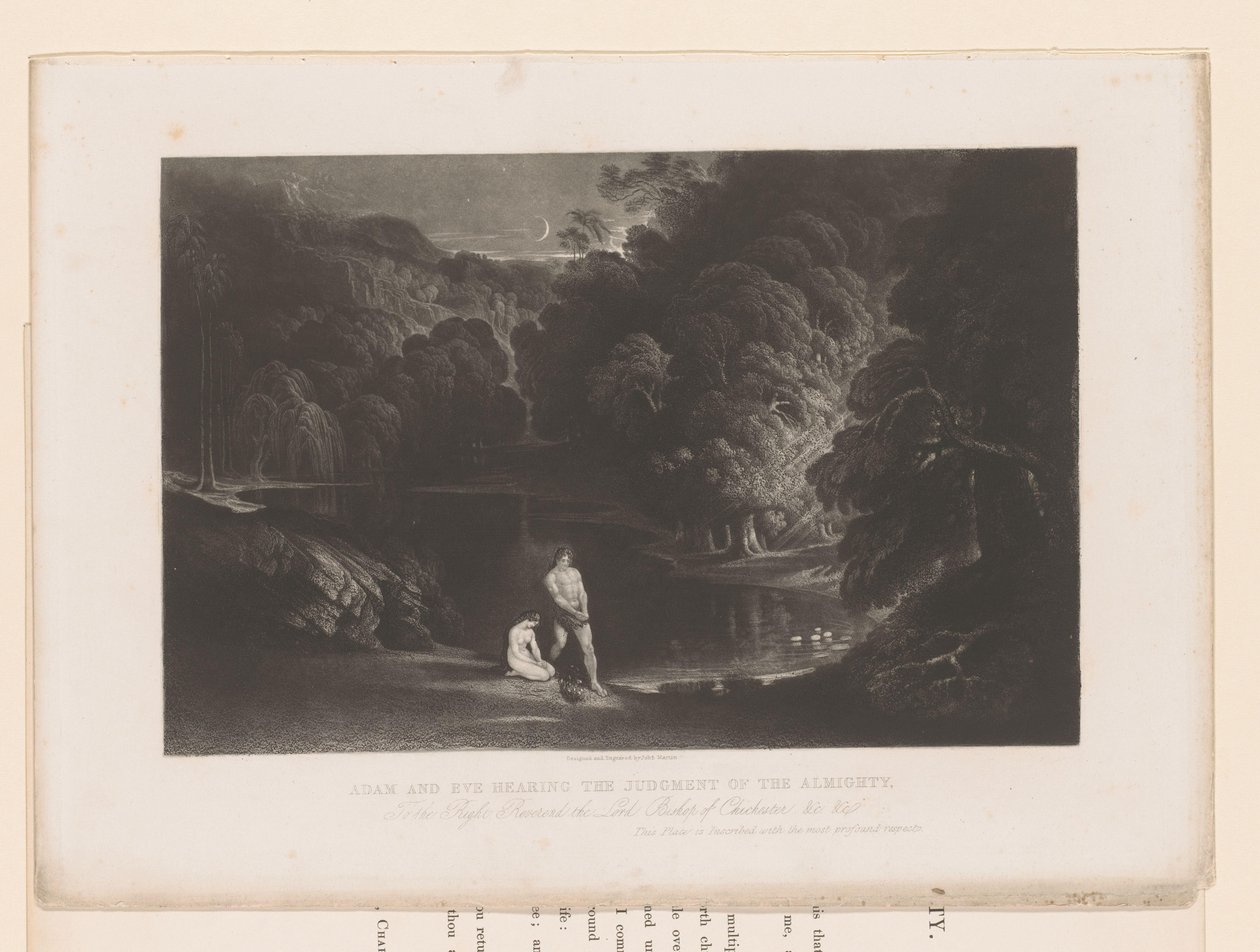 Bóg obwinia Adama i Ewę za ich grzech Adam i Ewa słyszą Sąd Wszechmogącego (tytuł przedmiotu) Ilustracje do Biblii (tytuł serii) Ilustracje do Biblii (tytuł serii) autorstwa John Martin