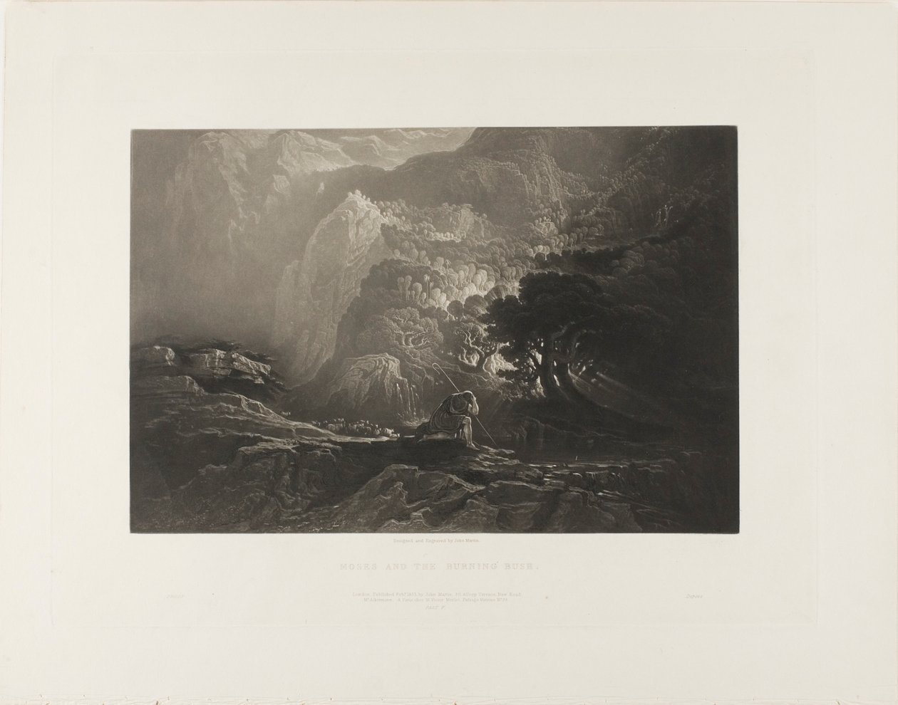 Mojżesz i gorejący krzew, z ilustracji biblijnych autorstwa John Martin