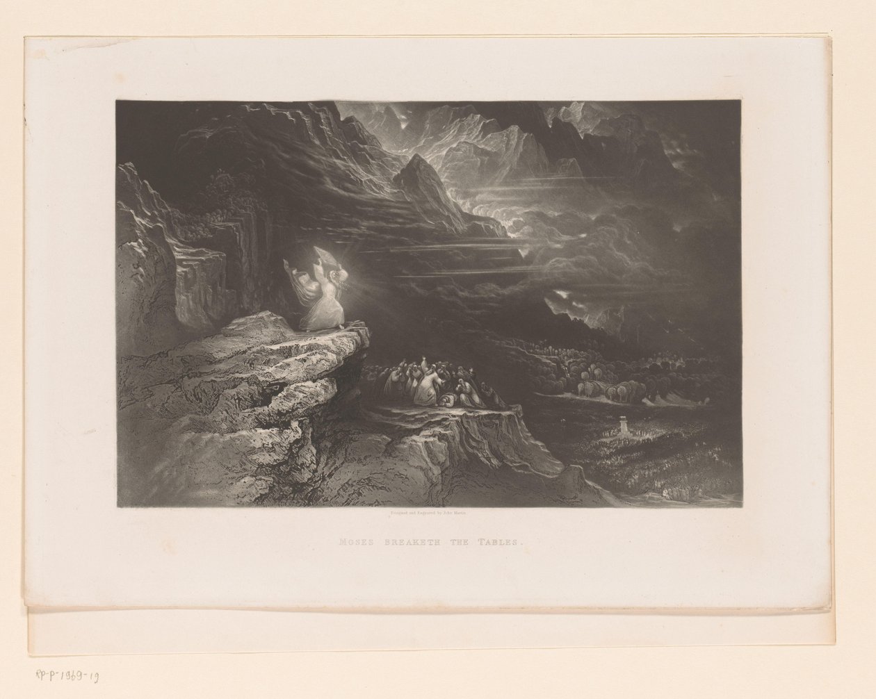 Mojżesz łamie tablice prawa Mojżesz łamie tablice (tytuł na obiekcie) Ilustracje do Biblii (tytuł serii) Ilustracje do Biblii (tytuł serii) autorstwa John Martin