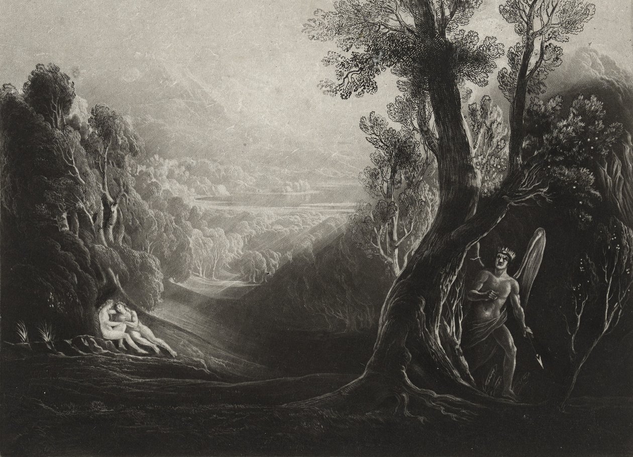 Kontemplacja szatana i Ewa w raju, c.1827 (mezzotinta) autorstwa John Martin