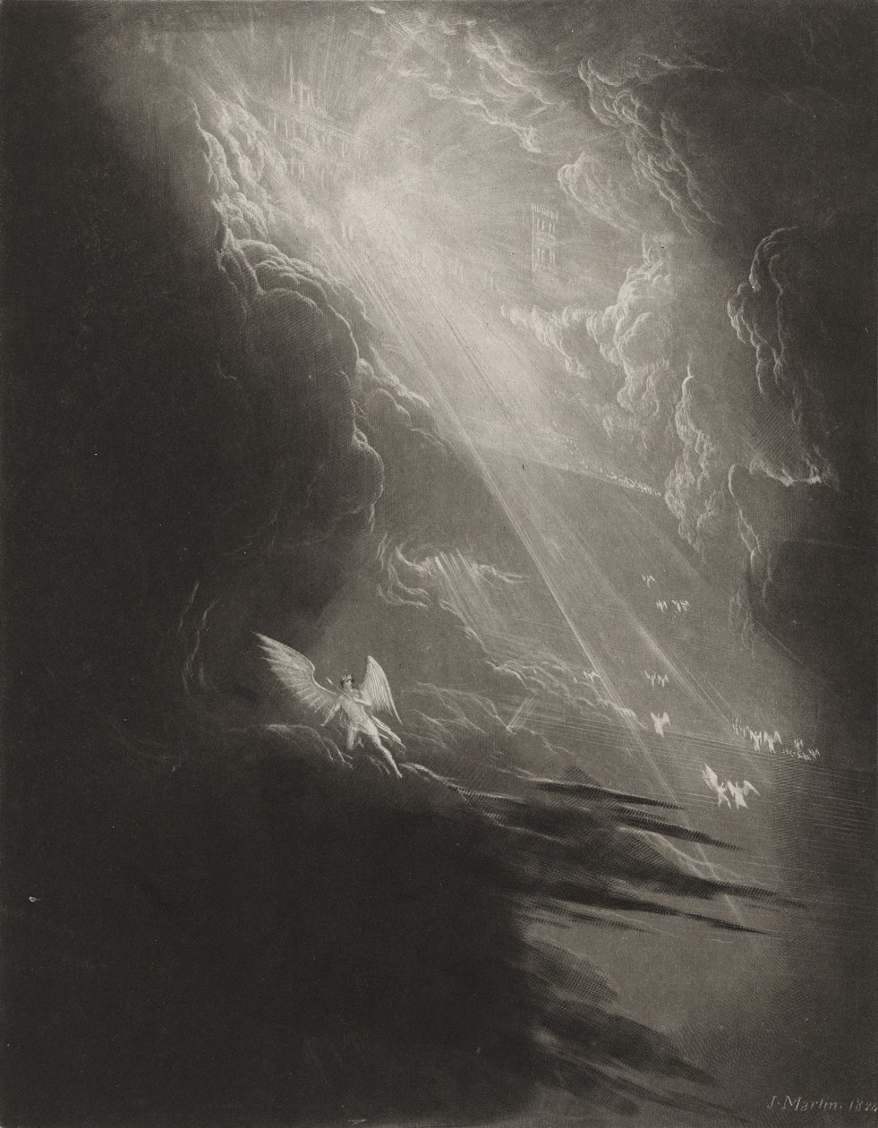 Szatan ogląda wejście do nieba, c.1827 (mezzotinta) autorstwa John Martin