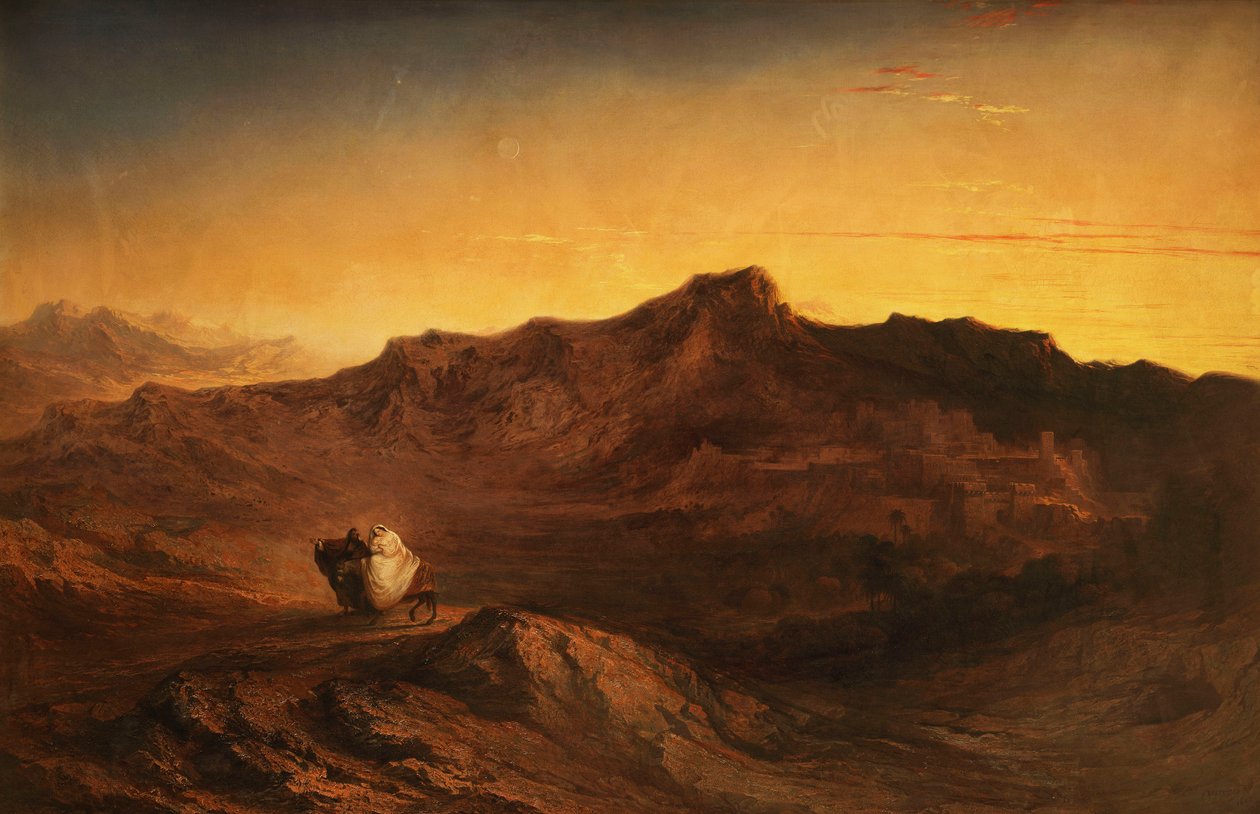 Ucieczka do Egiptu - Kiedy powstał, zabrał w nocy małe dziecko i jego matkę i udał się do Egiptu.-Mateusz II, 14, 1842 autorstwa John Martin