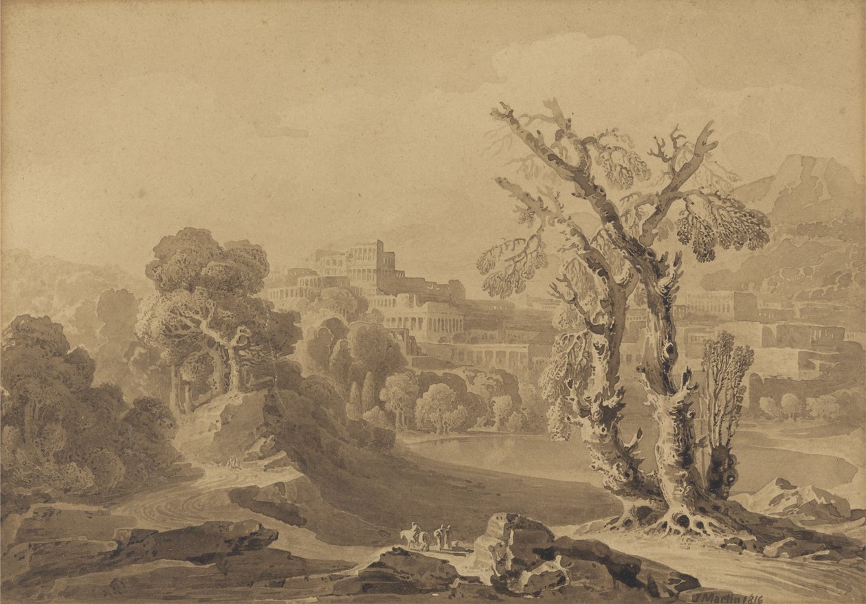 Bez tytułu: Klasyczne miasto w krajobrazie, 1816 (pranie na karcie) autorstwa John Martin