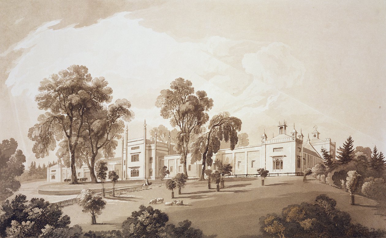 Widok farmy z ekranem do stajni i budynków gospodarczych do Sezincote House, wyryty przez Fredericka Christiana Lewisa seniora. (1779-1856), ok. 1817-18 (akwatinta w sepii) autorstwa John Martin