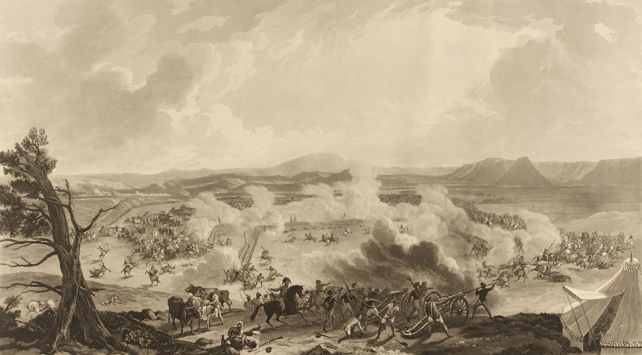 „Bitwa pod Kirkee stoczyła się 5 listopada 1816 r., kiedy to pamiętna okazja 4785 [sic] wojsk brytyjskich pokonała Armię Mahratty” (akwatinta, kolorowa) autorstwa John Massey (after) Wright